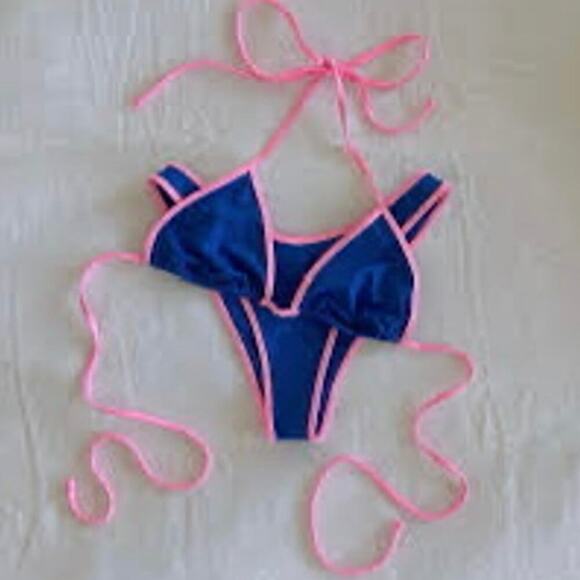 Frankies Bikinis Nick Top & Dove Bottom Set Taffy Blue Pink Trim S NEW/NWT!! - Picture 2 of 16